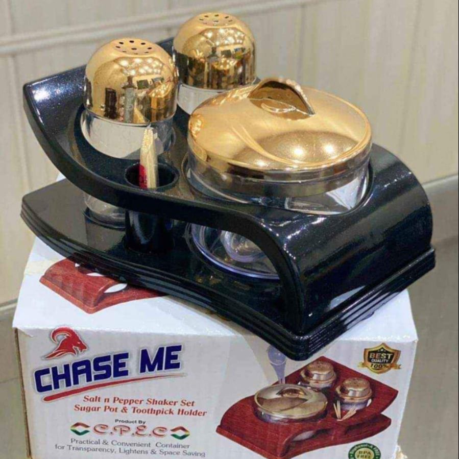Chase me Salt and Pepper Shaker set Sugar Pot & Tooth Pick Holder Spice Pots Masalah Pots