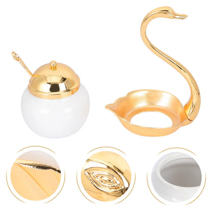 Aluminum Alloy Condiment Pot Seasoning Container Spice Glass Jar Salt Sugar Bowl Pepper Coffee Storage Organizer Swan Rack Set