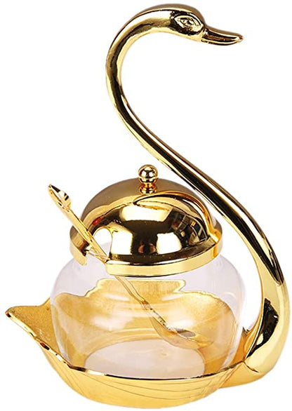 Aluminum Alloy Condiment Pot Seasoning Container Spice Glass Jar Salt Sugar Bowl Pepper Coffee Storage Organizer Swan Rack Set