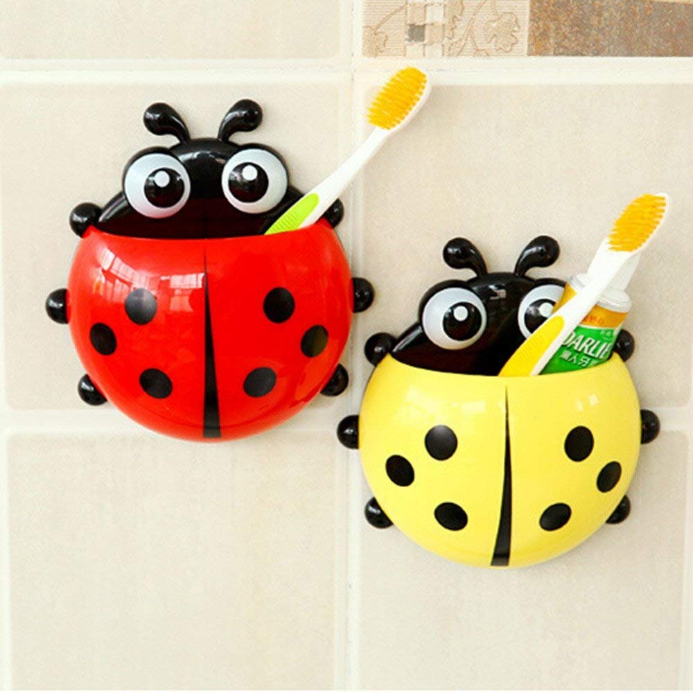 (Pack of 3) Ladybug Wall Toothbrush Holder Storage Toiletries Toothpaste Holders Tooth Brush Container Sticker to Stick (Random Color)