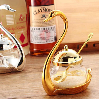 Aluminum Alloy Condiment Pot Seasoning Container Spice Glass Jar Salt Sugar Bowl Pepper Coffee Storage Organizer Swan Rack Set