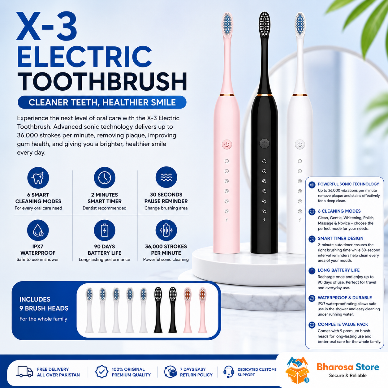 |FREE HOME DELIVERY| X3 Sonic Electric Toothbrush with 6 Modes Deep Cleaning Whitening