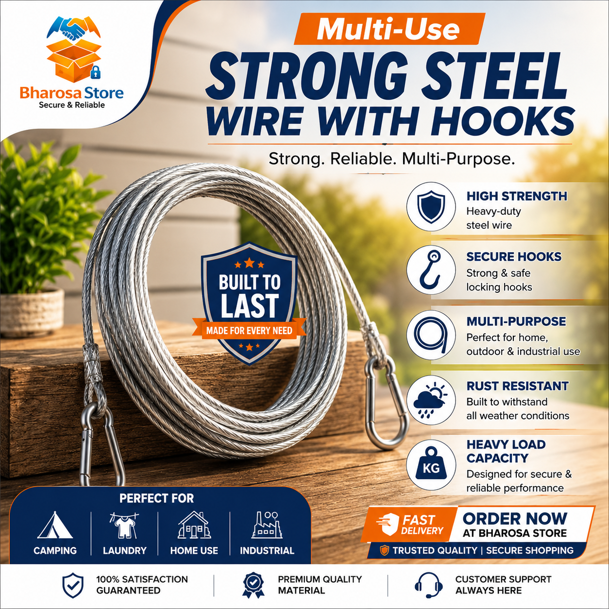 (FREE HOME DELIVERY) Multi-Use Strong Steel Wire with Hooks
