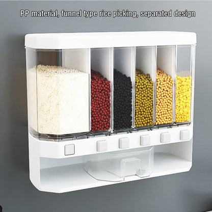 6-Grid Wall Mounted Food Dispenser, Whole Grains Rice Bucket, Large Capacity Storage Dry Food Dispenser