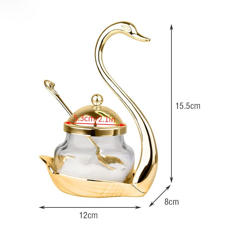 Aluminum Alloy Condiment Pot Seasoning Container Spice Glass Jar Salt Sugar Bowl Pepper Coffee Storage Organizer Swan Rack Set