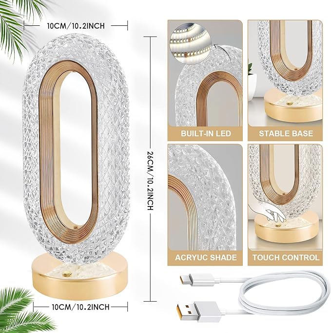 Crystal Table Lamp, Touch Control LED Light with 3 Levels Brightness Rechargeable Small Lamp