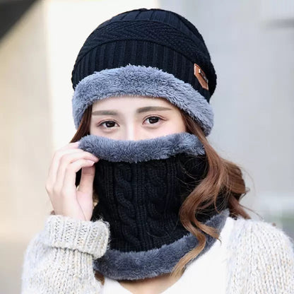 Winter Warm Cap With Neck Warmer Set – Wool Fleece Fur Knitted Beanie For Men & Women