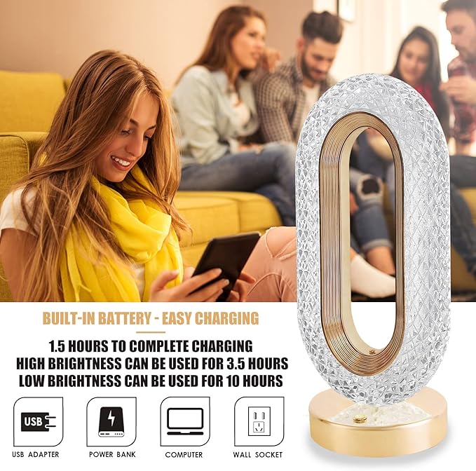 Crystal Table Lamp, Touch Control LED Light with 3 Levels Brightness Rechargeable Small Lamp