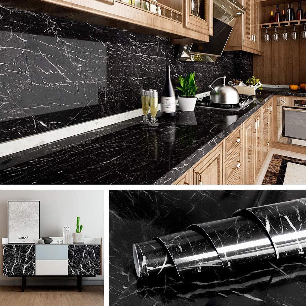 (Pack of 5) Self Adhesive Black Marble Sheet for Kitchen - Waterproof Anti Oil & Heat Resistant Wallpaper Sheet (2 Feet x 6.5 feet)